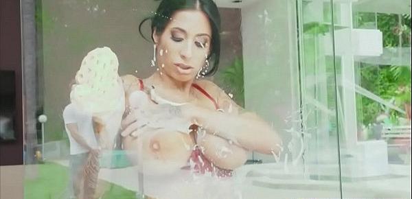  Maid strip down and coat up her luscious tits with soap